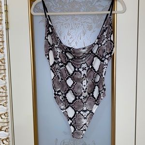 Pretty Little Thing Snake Skin Print Cowl Neck Bodysuit